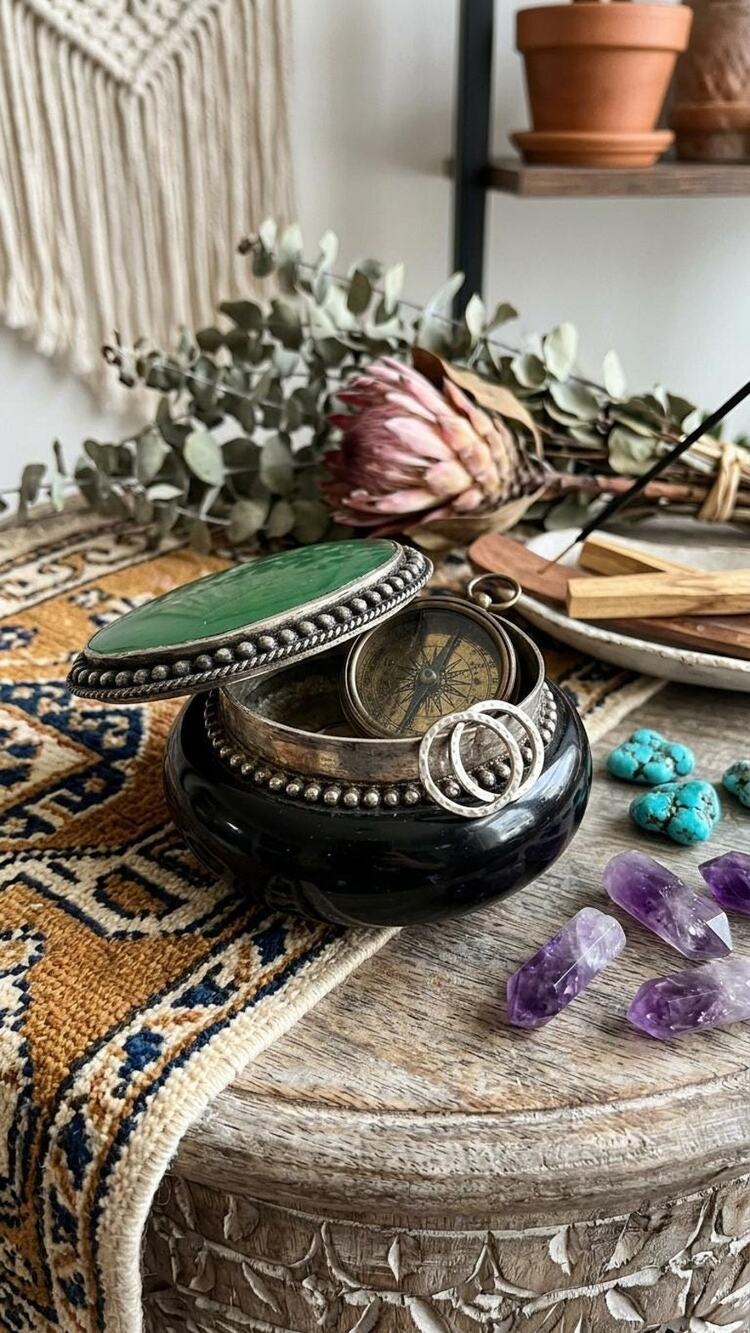 Vintage Two’s Company Green Stone Trinket Box India Handcrafted Lid Keepsake